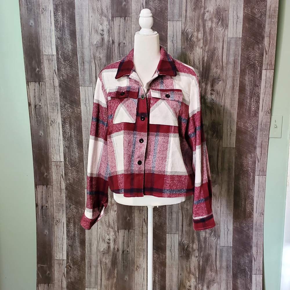 Zeagoo Red and White Plaid Button-Down Heavy Flannel Jacket
